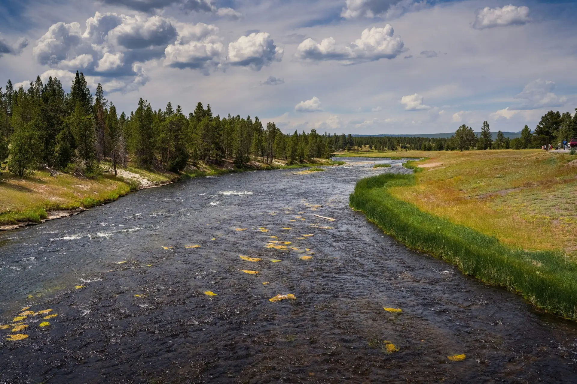 Scenic Wyoming river winding through pine forest beneath dramatic clouds
